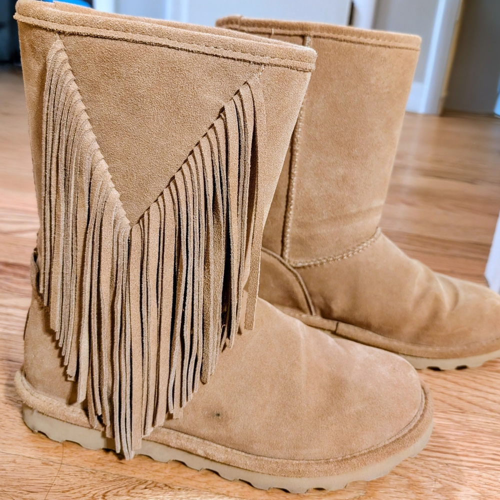 BearPaw Camel Suede Fringe Boots